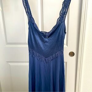 Vintage Vassarette Slinky Navy Blue Full Negligee with Lace Trim and Ribbon Rose